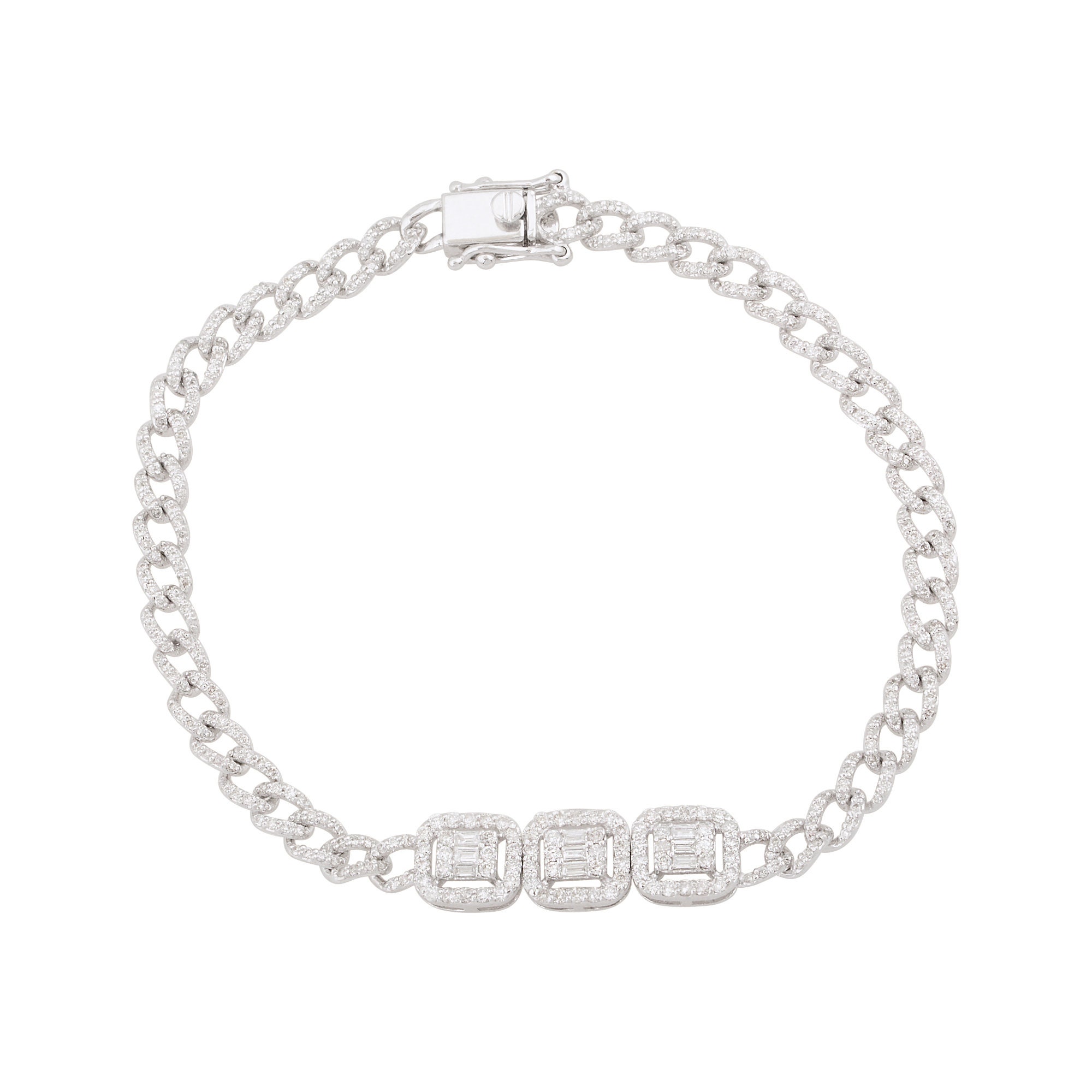 10K Solid Gold Natural Diamond Baguette & Round Charm Bracelet With Cuban Link For Women White