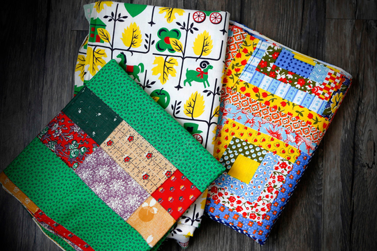 Quilt-Like Patchwork Lightweight Cotton Vintage + 50's White W Green Houses Apples Hearts Goats With Yellow Leaves/Schwartz Liebman