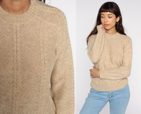 Tan Cable Knit Sweater 80S Wool Blend Boho Pullover Cableknit 1980S Jumper Cozy Vintage Crewneck Small Medium