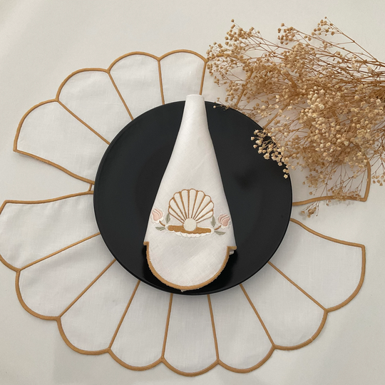 Pearl & Oyster Embroidered Linen Napkins Placemats Summer 2022 Marine Life Collection, Yacht Decor Napkins, Garden