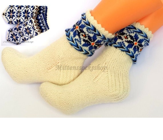 White Blue Hand Knitted Wool Socks Women's Girl's Natural Men's Winter Patterned