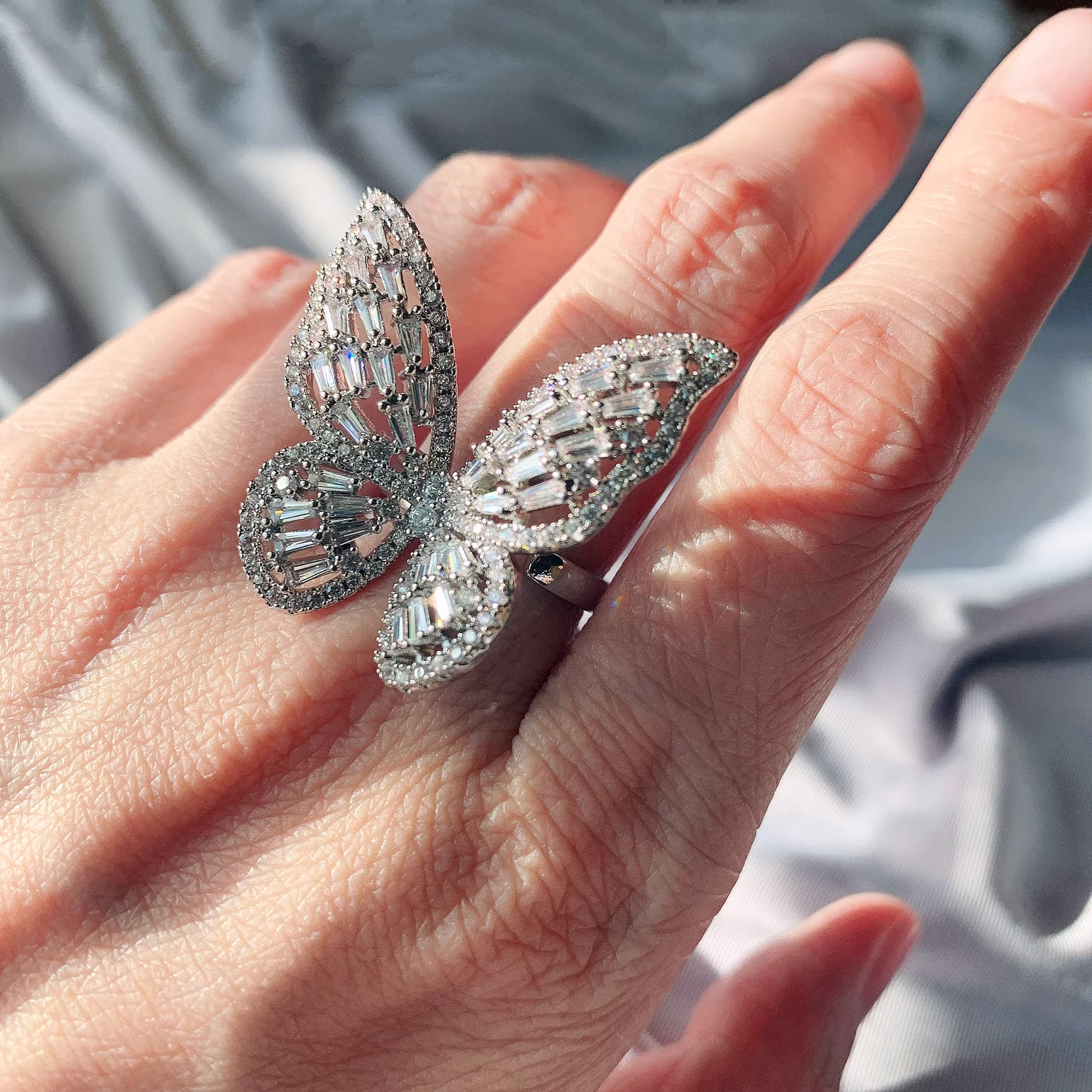 Crystal Butterfly Statement Ring, Adjustable Sparkling Korean Style Festival Jewelry, Anniversary, Gift, R24 R38