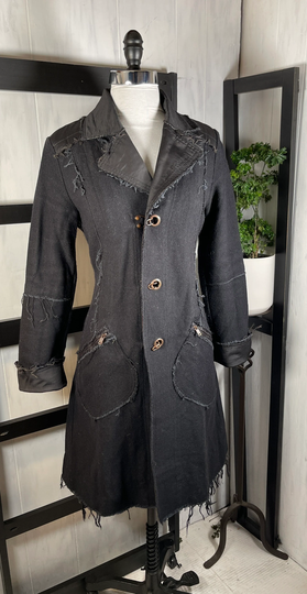 Retro Diesel Black Frayed Wool Blend Long Coat, Best Lining Ever, Size Small, Mint