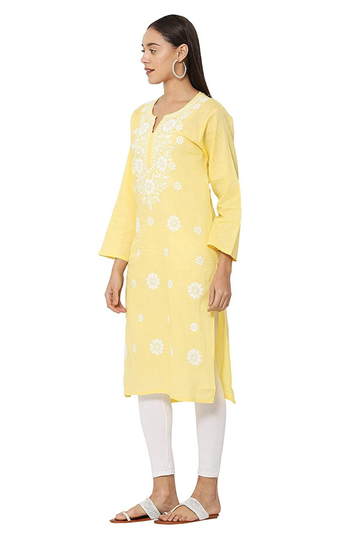 Women Chikan Embroidery Cotton Blend Straight Kurta | Yellow