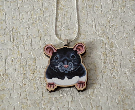 Black Hooded Rat Necklace, Pendant Gift, Wooden Art, Fancy Jewellery
