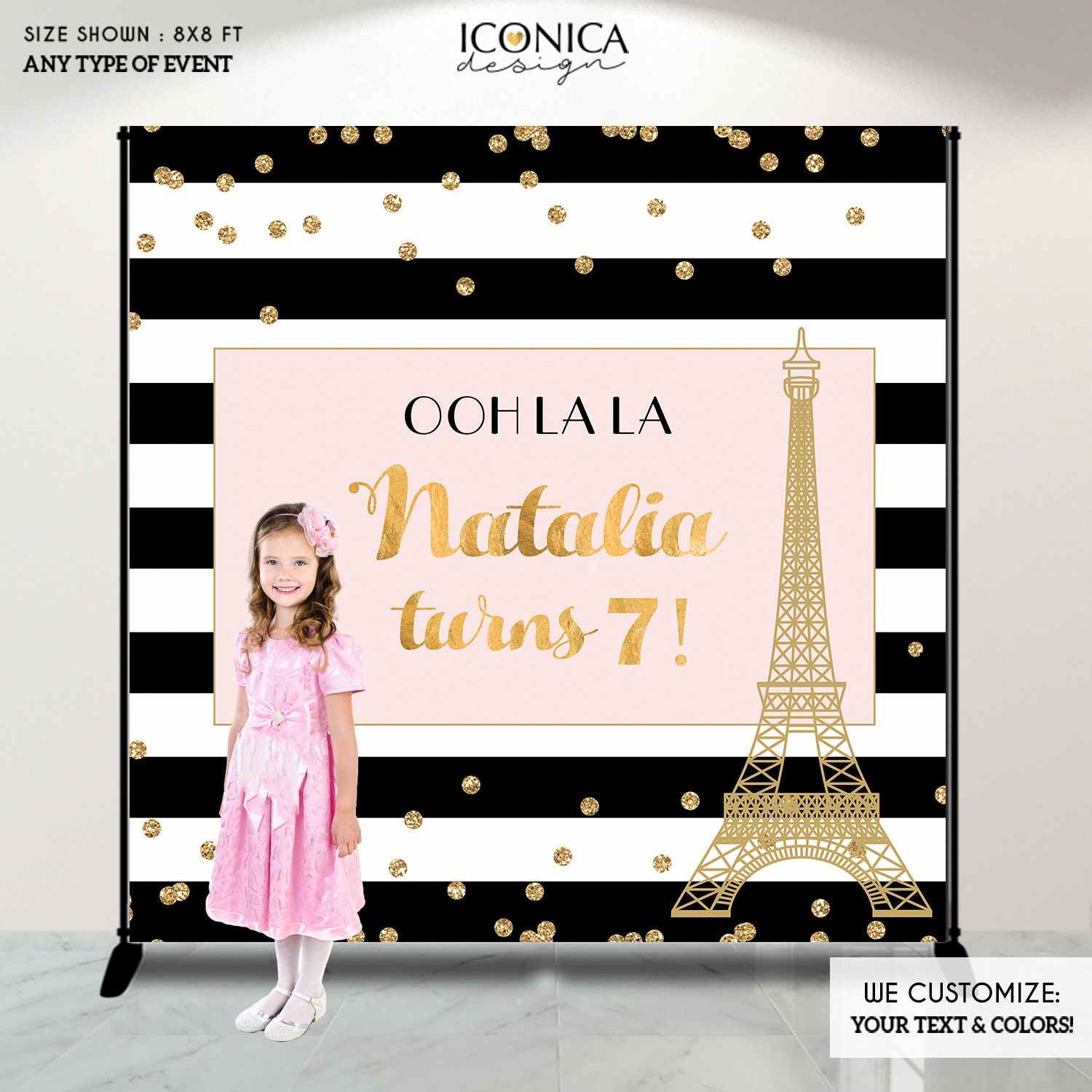 French Birthday Backdrop - Floral Party Black & White Stripes Banner, Any Event Gold Confetti Printed Or Printable File Bbd0046