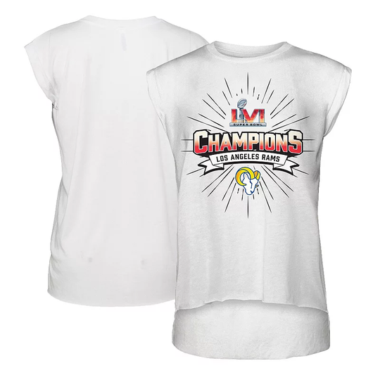 Women's WEAR by Erin Andrews White Los Angeles Rams Super Bowl LVI Champions Burst Muscle Sleeveless T-Shirt, Size: Large, LAR White