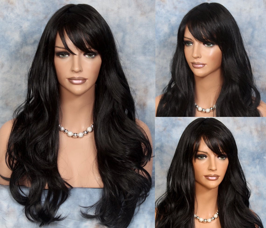 Black Long Human Hair Blend Wavy Wig Heat Ok Full Bangs Layered Safe Cancer Alopecia Theater Emo Anime Cosplay Celeberity Pageant