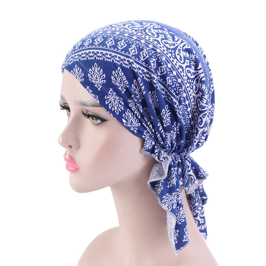 Classic Print Foldable Headscarf Cap Cotton Blend Ruffles Edge Stretchy Sleep Beanie Hair Accessories - royal blue