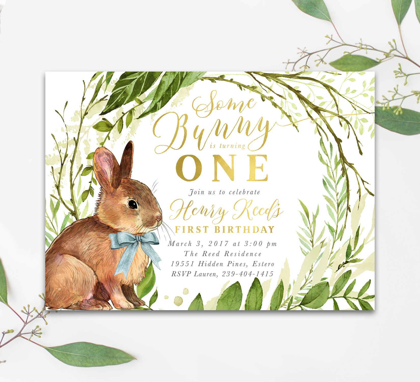 Bunny First Birthday Invitation Boy, Some Is Turning One, 1st Invite Boy - Greenery Blue Penny