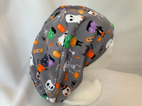 Knit Slouchy Scrub Hat, Cotton Poly Blend. Grey With Werewolf, Bats, Pumpkins & More Halloween Print