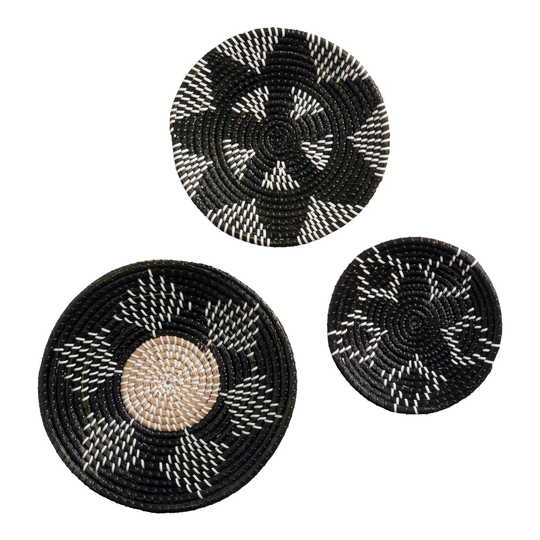 Black and White Seagrass Woven Disc Wall Decor 3 Piece - Natural Fiber by World Market