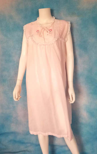 Vintage 70S Pale Pink Cotton Blend Sleeveless Nightgown With Embroidered Tunic Yoke, Pintucking, Lace/ Made in Usa/ Size M-L