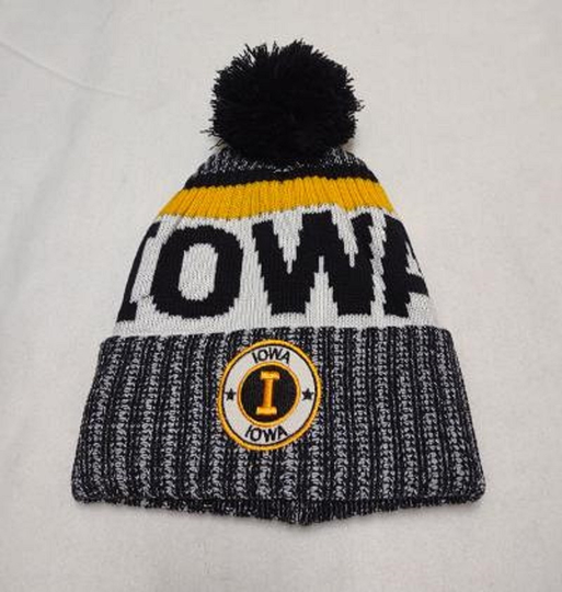 Iowa Team Colors On Blended Ribbed Tri Color Pom Beanie. Adult One Size Will Easily Stretch To Fit Most All Great Quality Warm