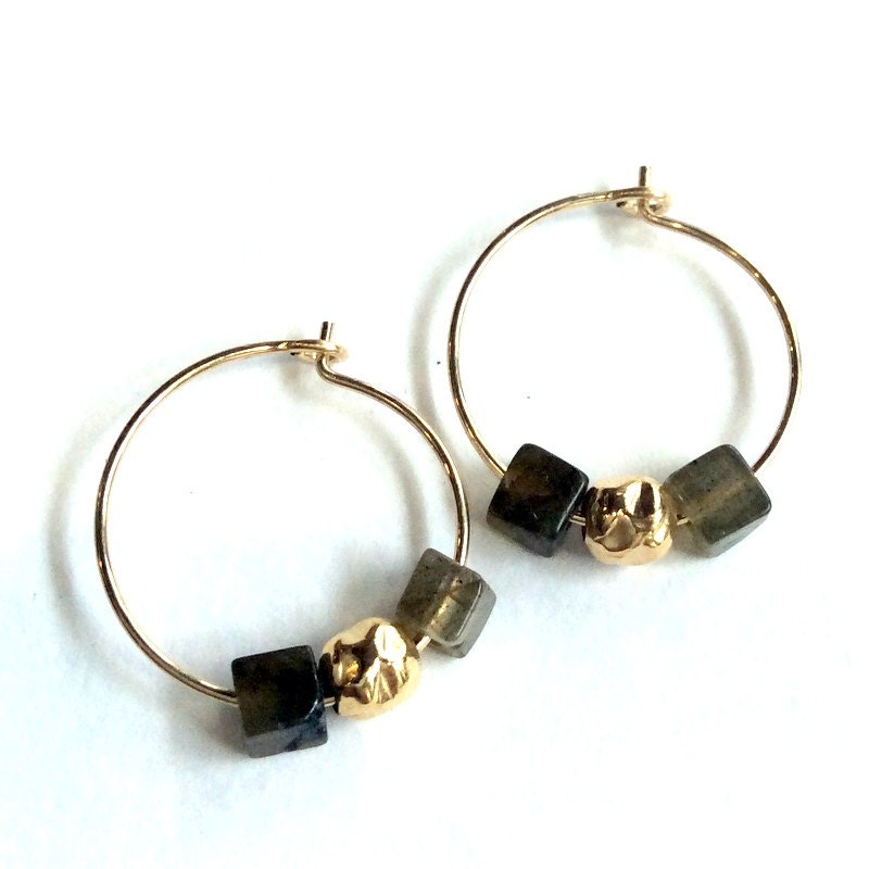 Dainty Gold Filled Earrings, Stone Small Hoop Green Labradorite Earrings - The Two Of Us E8007