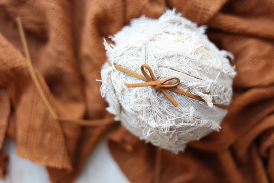 Quentin Camel Mustard Brown Knit Sweater Beanbag Posing Fabric Stretch Wrap & Leather Bow Tieback