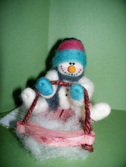 Snowman On Sled 4" Wool Felted & Wrapped Ornament