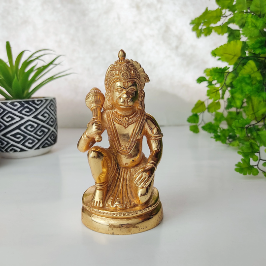 Hanuman Statue Murti - Gold Plated Brass Lord Hanumanji God Altar Idol 5.5"