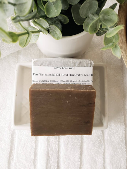 Pine Tar Soap 4 Oz - Essential Oil Blend Handcrafted Bar- Zero Waste Packaging Sisal Saver Bag- Gift For Him Her