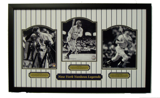 New York Yankees Legends Three 8x10 Photographs Framed & Double Matted With Babe Ruth Lou Gehrig Mickey Mantle Professionally Framed