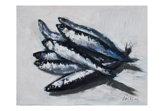 Anchovies - Original Oil Painting Paintings Food Seafood Small Still Life Sardine Anchovy Fish Fishy Impressionist Fishes Bold White Black