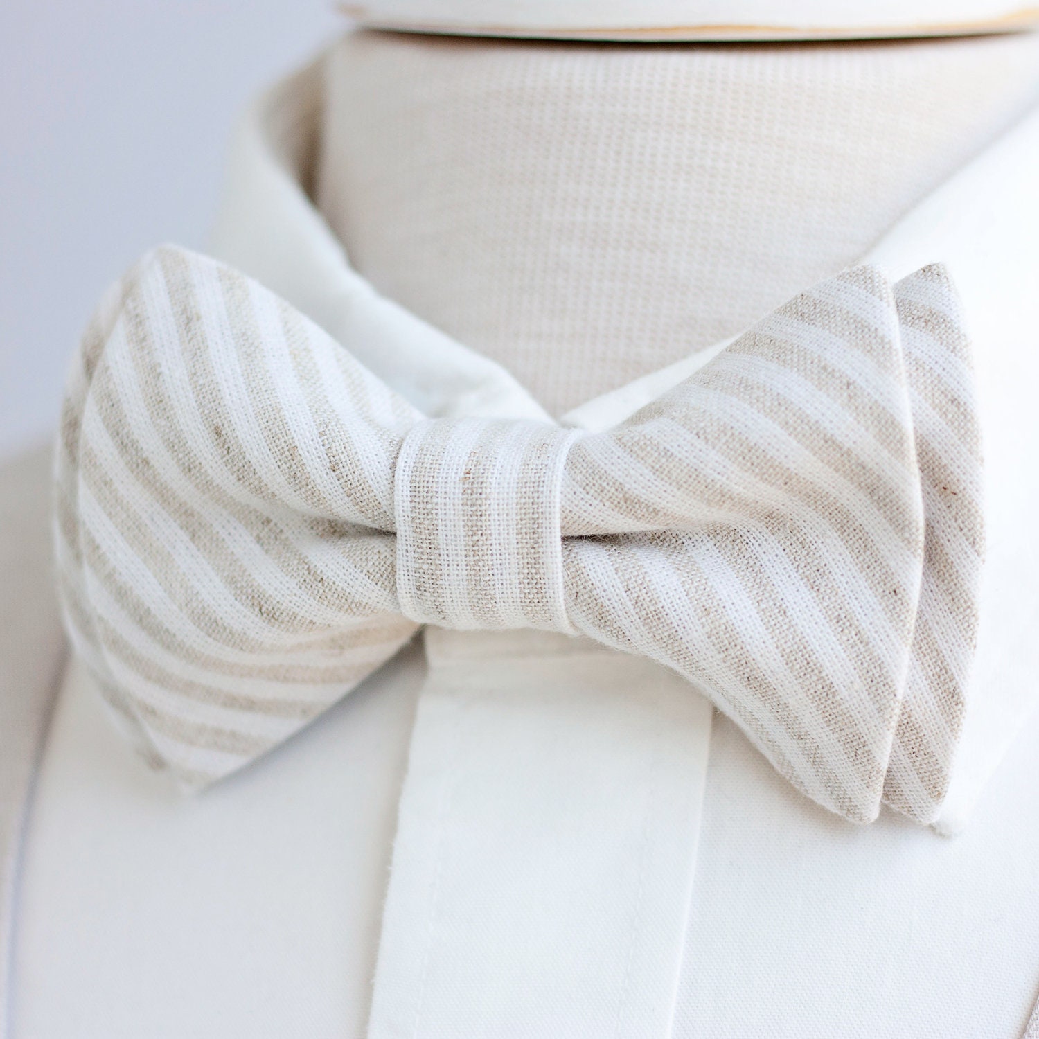 Bow Tie, Mens Bowtie, Bowties, Ties, Groomsmen Wedding Tan Stripe, Linen Tie - Natural Stripe