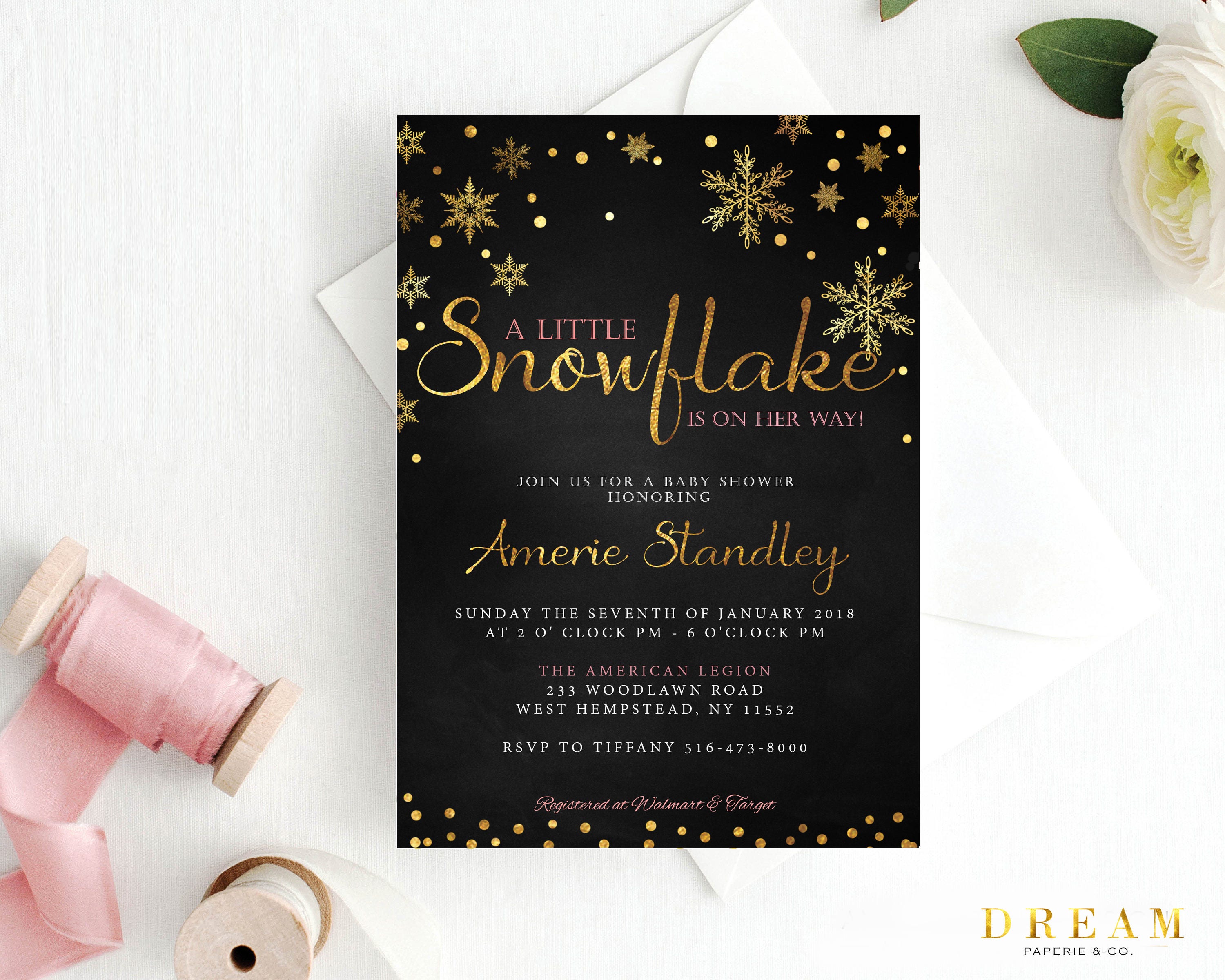 Snowflake Baby Shower Invitation, Winter Girl Snowflake Chalkboard Invitation