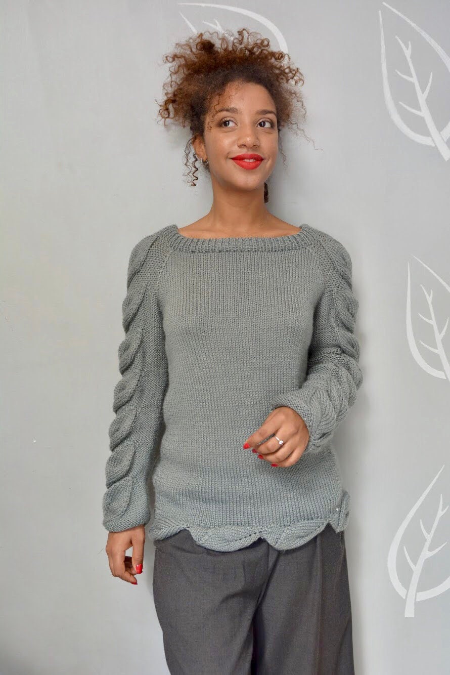 Cashmere Blend Grey Sweater With Chunky Knit Leaves , Boat Neck Cozy Jumper, Hand Pullover