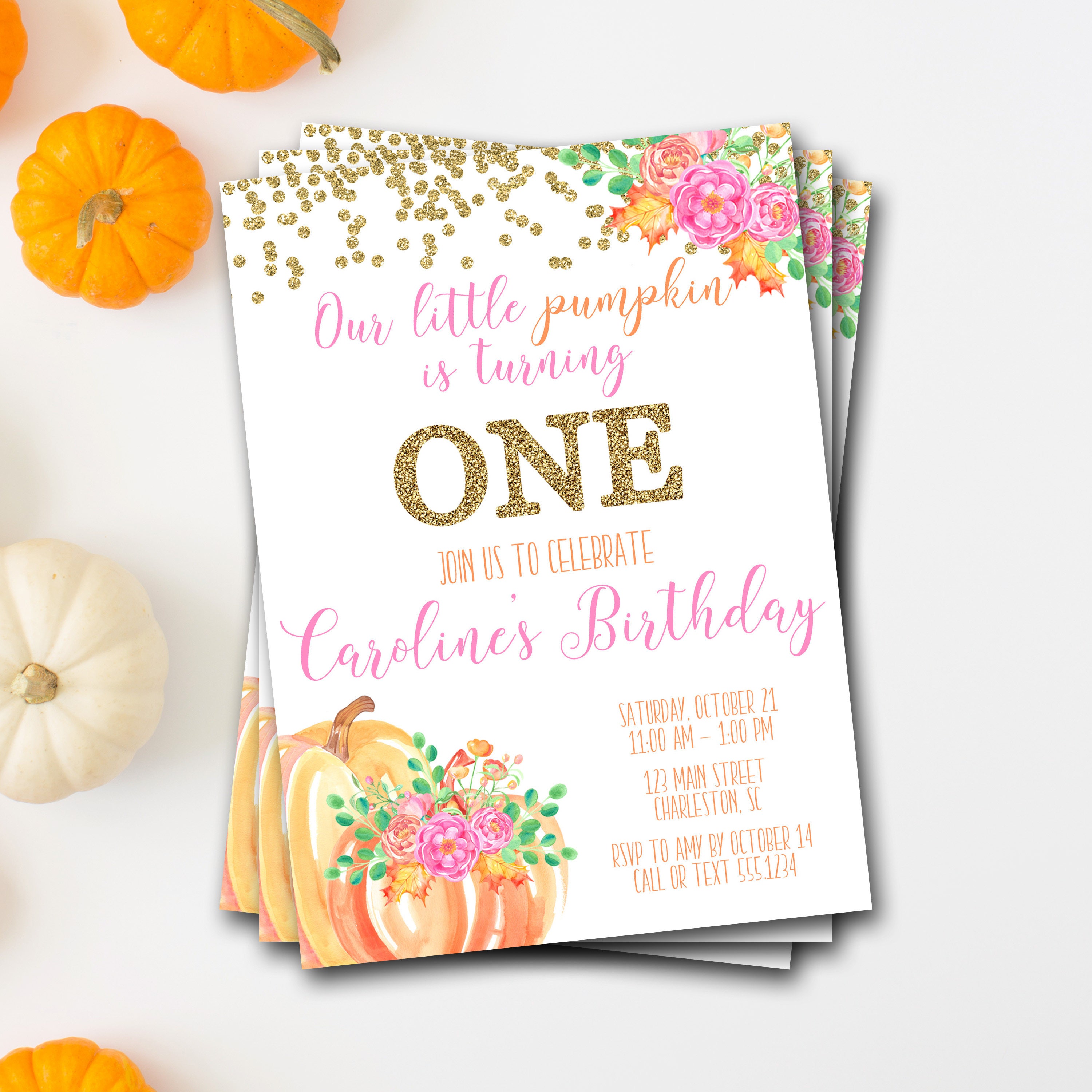 Pumpkin Birthday Invitation, First Fall Birthday, Girl Watercolor Pumpkin, Floral