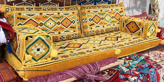 Yellow Majlis Sofa, Mustard Floor Cushions Set, Seat Cushion Back Pillows Armrests Turkish Livingroom Morocco Style Home Decor