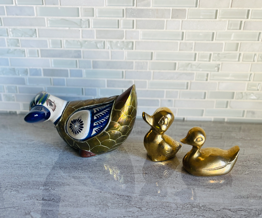 Vintage Brass Ducks, Mid Century Modern Brassware, Cute Ducklings, Mother & Baby Ceramic Duck