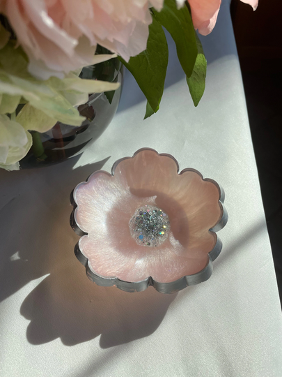 Glitzy Floral Resin Trinket/Ring Dish in Champagne Pink & Pearl White Accented With Silver Leaf Flakes Edged A Leafing