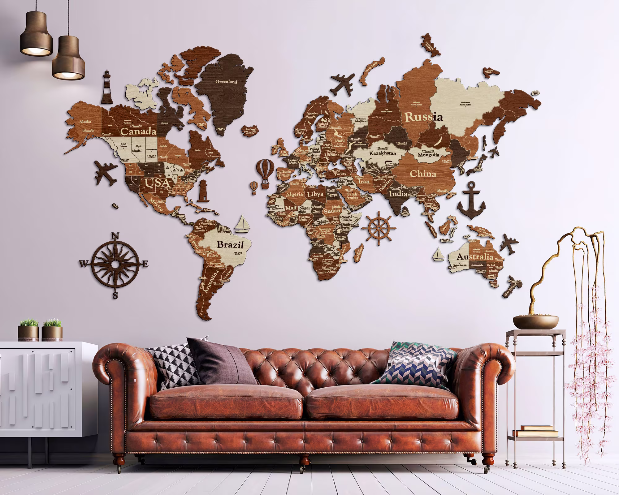 3D Wooden Push Pin Map, Wood Wall Map Collage, Of The World, Decor Family Travel Office