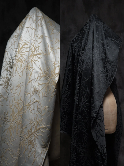 Jacquard Fabric - Polyester Blended Black Apricot Bamboo Leaf Pattern Fabric - Prom Dress - Lady By The Meter - D56