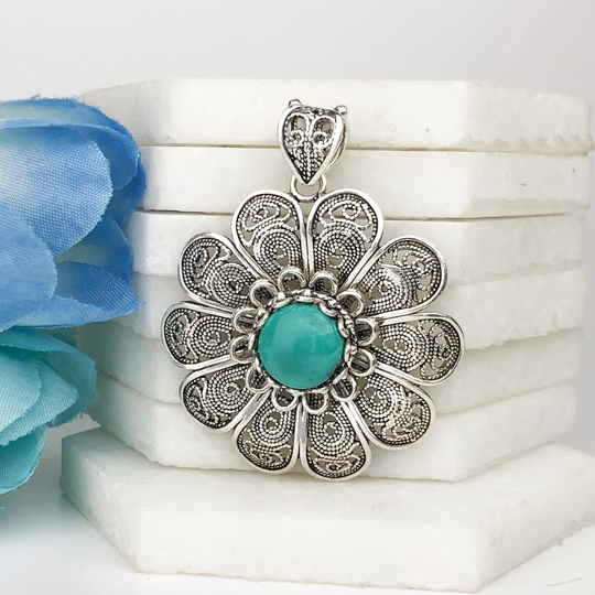 Natural Turquoise Pendant Necklace Sterling Silver Genuine Gemstone Handmade Artisan Crafted Filigree Floral Women Jewelry Gifts Box For Her