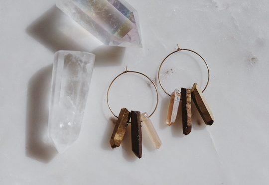 Earth Crystals. A Pair Of Boho Quartz Hoop Golden Brass Tone Earrings