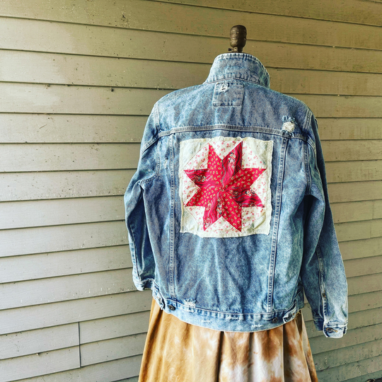 Quilt Square Denim Jacket/Acid Washed Patchwork Star Altered L 100% Cotton
