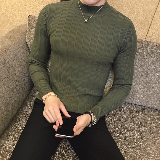 Autumn and Winter Mens Fashion Striped Boutique Wool Blend Casual Round Neck Knitted Sweaters / Mens Slim Warm Sweater - green, s (eur xxxs)