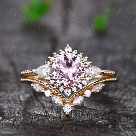 Vintage Pink Morganite Engagement Ring Set Unique Solid Gold Women Marquise Cut Wedding Band Bridal Promise Gift