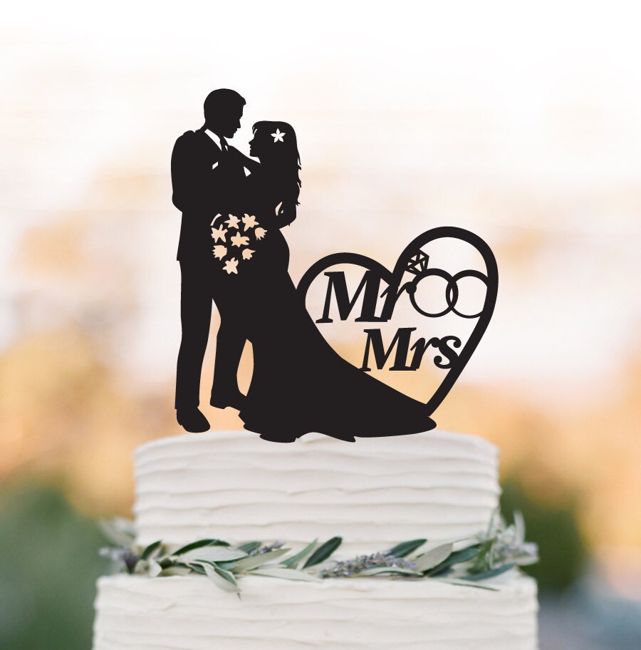 Mr & Mrs Wedding Cake Topper With Rings & Heart Decor, Bride Groom Silhouette Funny Wedding Cake Topper, Funny