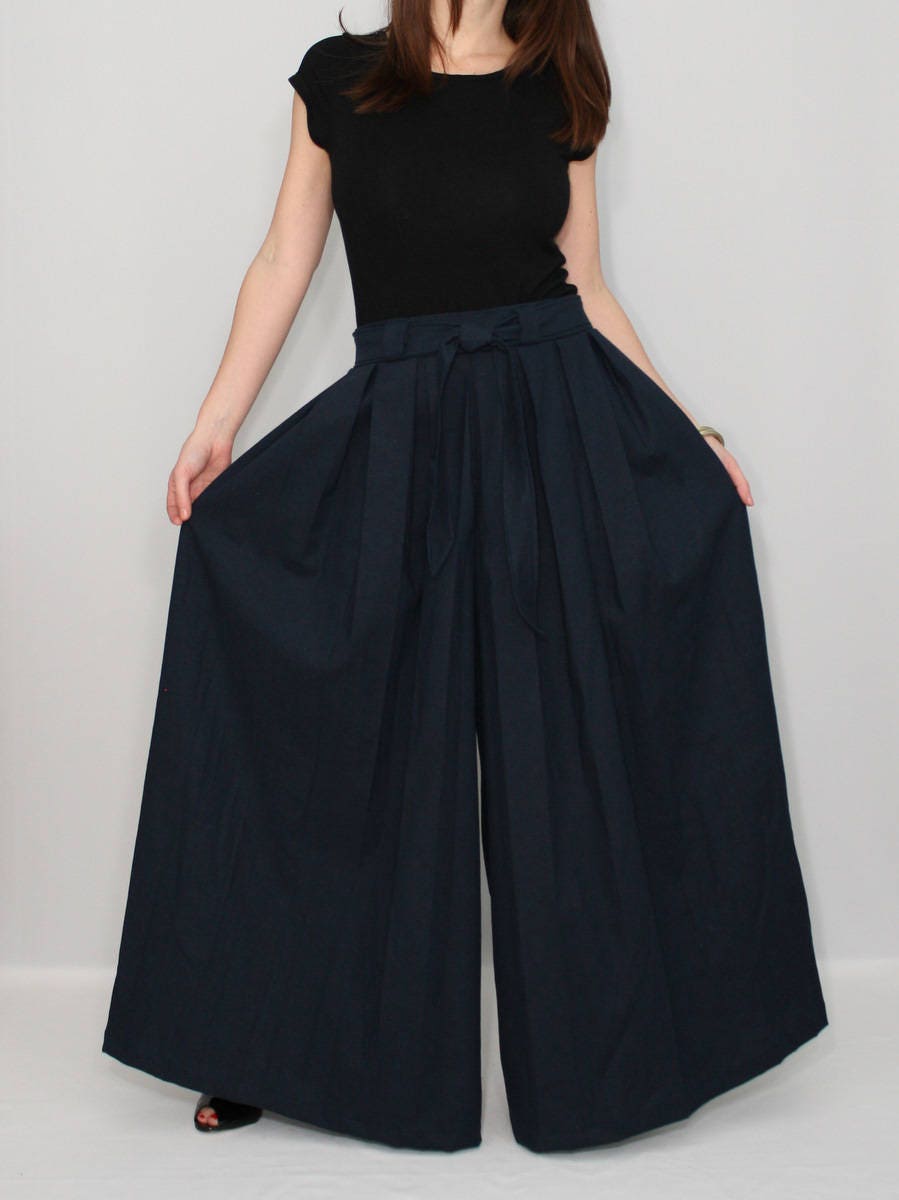 Navy Blue Linen Palazzo, Plus Size Clothing, Pants
