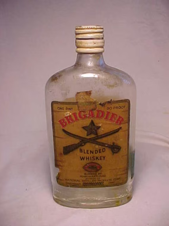 1935 Brigadier Blended Whiskey National Distillers Cincinnati, Ohio, Screw Top Clear Glass Flask Bottle, Back Bar Decor