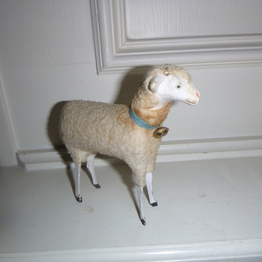 Vintage Shabby 5 1/4" Awesome German Putz Sheep.nativity Lamb W/Bell Nordic Brocante..#1