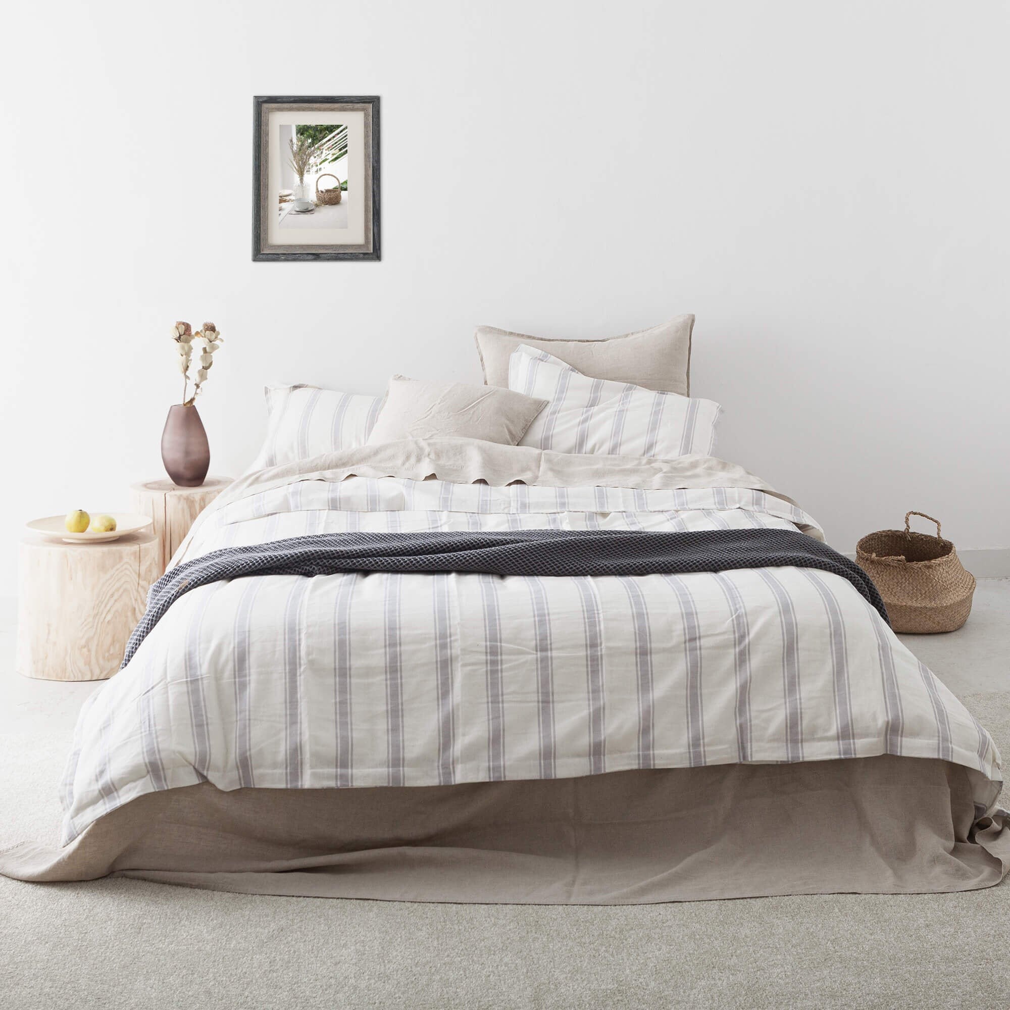 stripe Linen Cotton Blend Duvet Cover With Pillow Shams Set in Beige & White.stone Washed Bedding.queen Cover.quilt Set