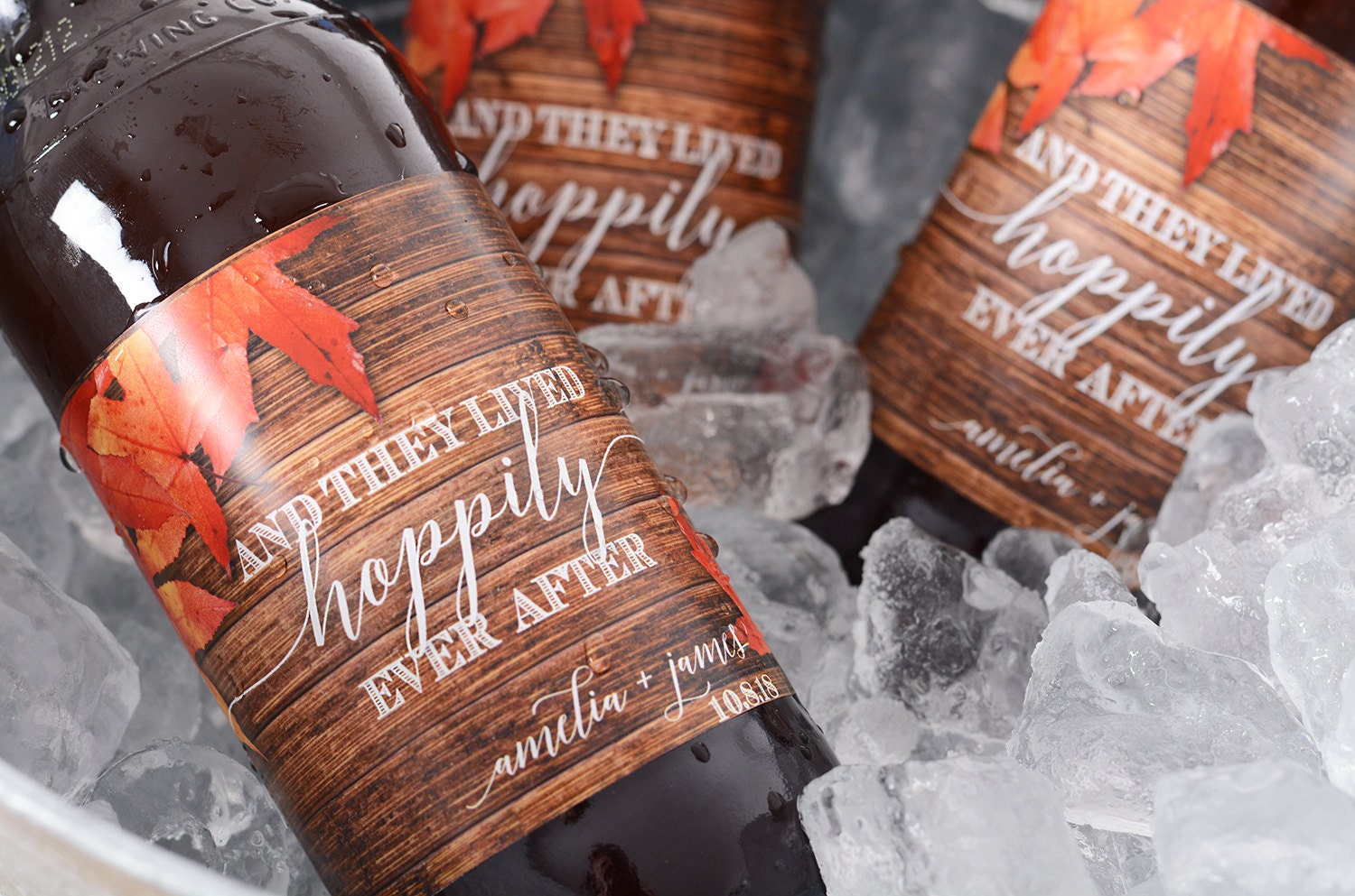Rustic Autumn Wedding Beer Bottle Labels - Custom Personalized Waterproof Label Wdibw-234