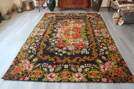 Vintage Karabagh Kilim Rug, Large Ethnic Floral Rug, Bohemian Kilim, Decorative