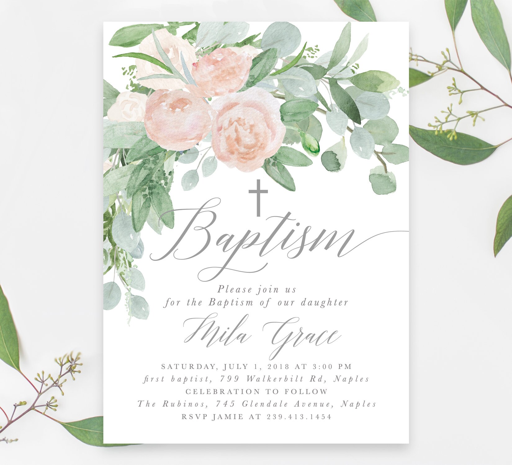 Baptism Invitation Girl, Floral Invitation, Girl Invite, Blush Pink Roses & Rustic Greenery, Mila