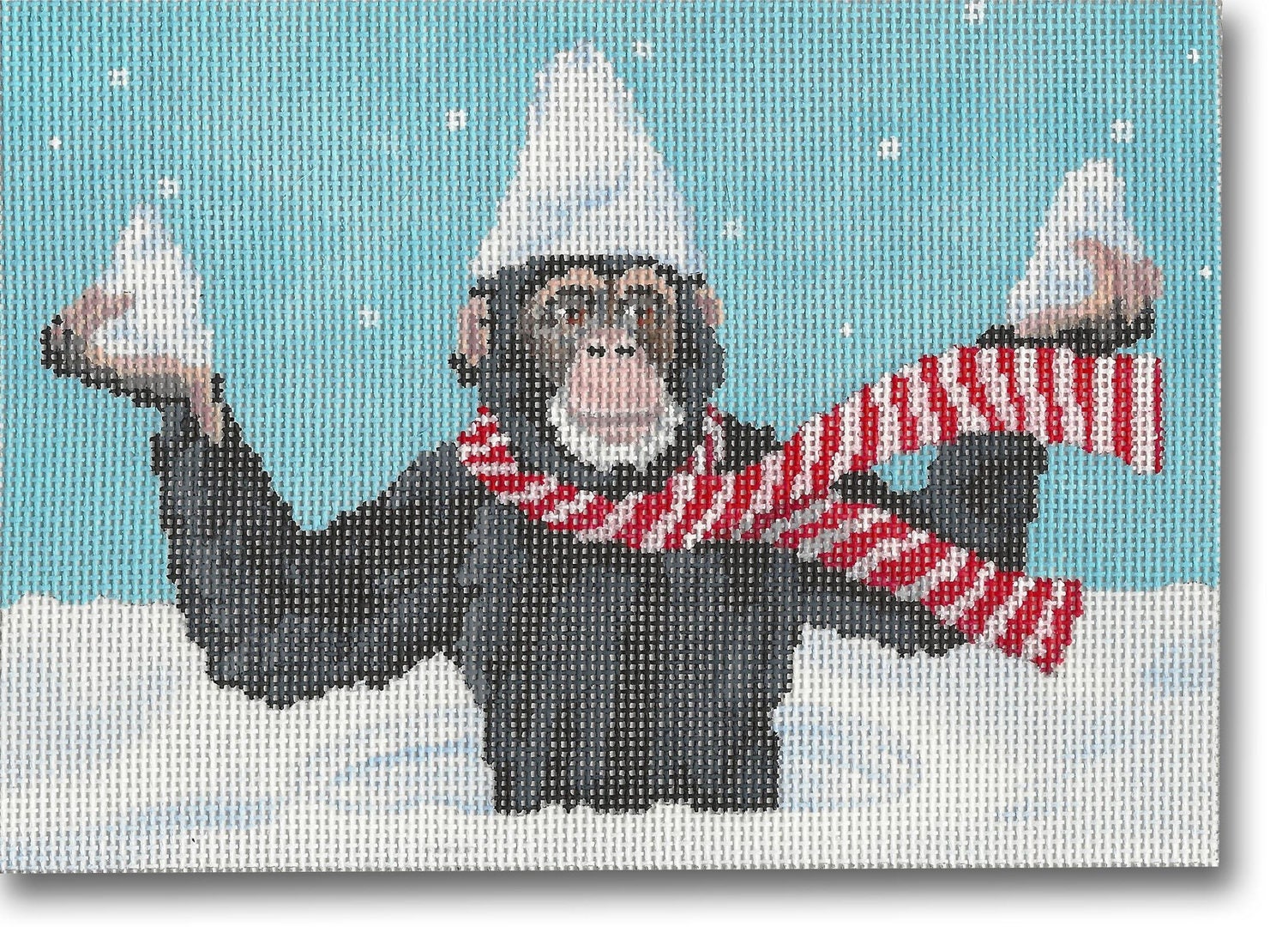 Needlepoint Handpainted Christmas Scott Church Snowy Chimp 7x5 -Free Us Shipping