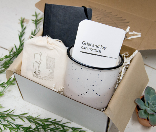 Grief Gift Box With Affirmation Card Set For Lost Loved One Journal & Campfire Mug