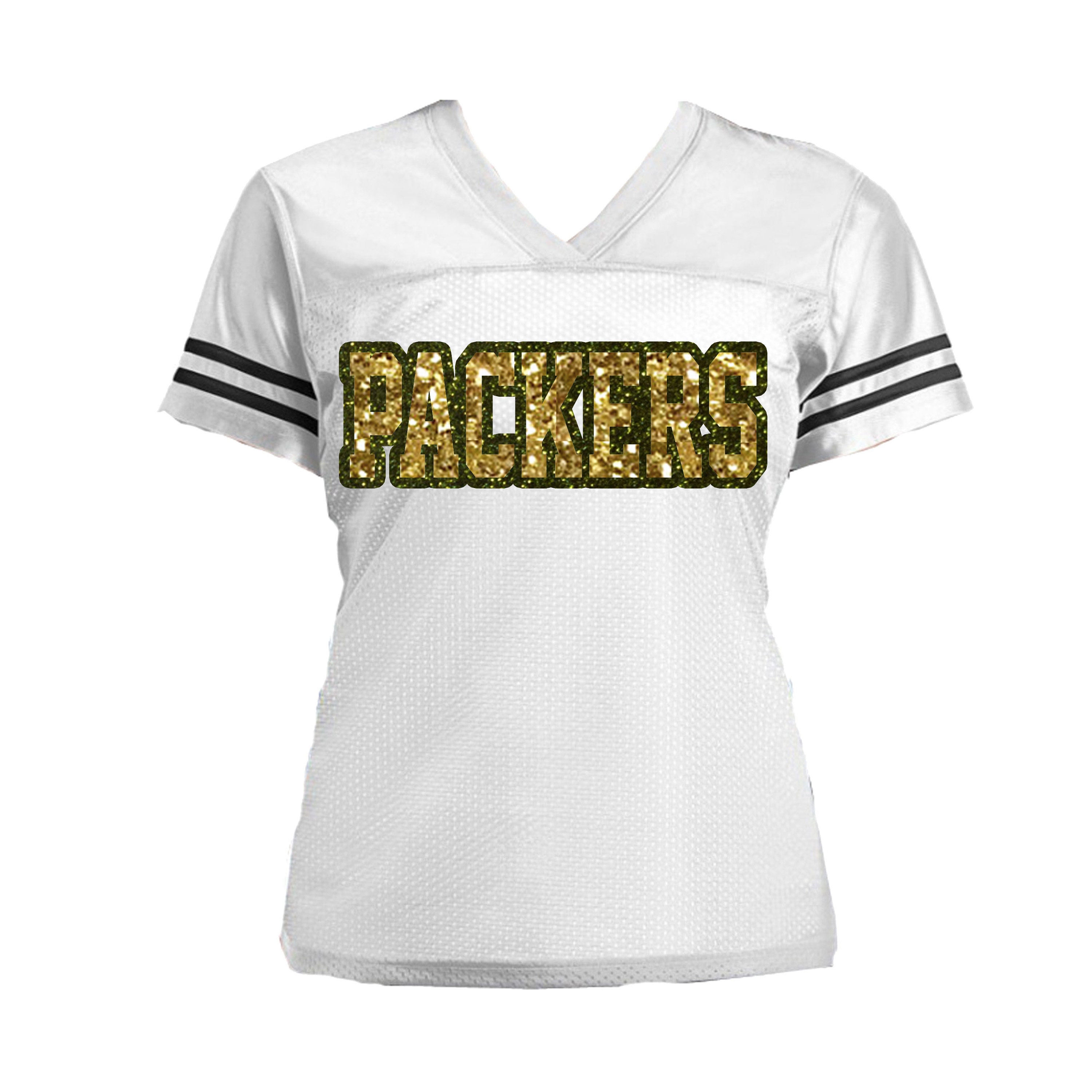 Packers Glitter Jersey, Choose Your Football Team, Women Bling Shirt, White, Green & Gold